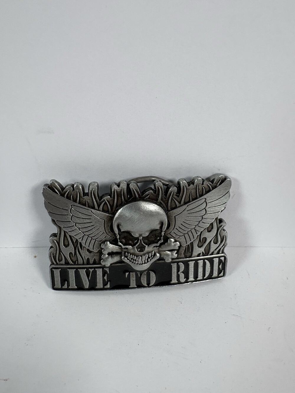 Vintage 1999 Live To Ride Belt Buckle Skull Wings Flames Biker USA B0256 Metal